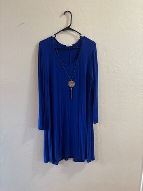 Blue Long-Sleeve Swing Dress with Necklace